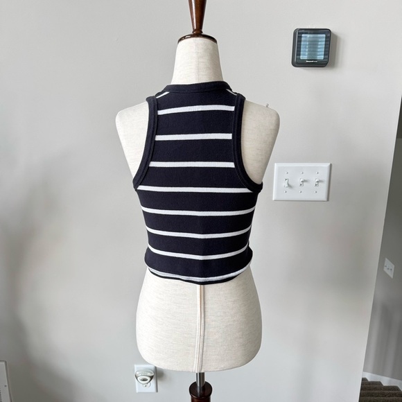 Mauve Cropped Black and White Striped Ribbed Tank Top - Picture 2 of 9
